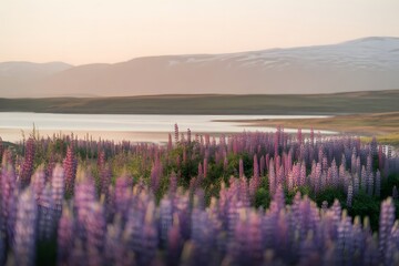 Soft pastel hues of a serene landscape at dusk with a vast field of blooming purple lupine flowers in the foreground and distant mountains reflecting in a calm lake