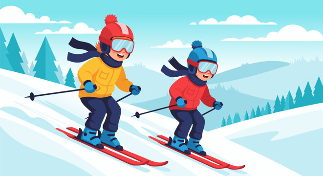 Two children skiing down a snowy slope with trees in the background on a clear day