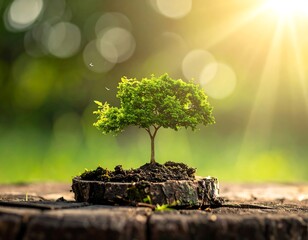 A tiny green tree growing on a weathered wooden surface, sunlit