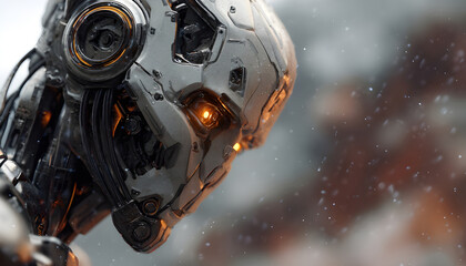 Futuristic silver robot head shows glowing orange eyes, intricate design, exposed wires, powerful armor. Machine stands in rugged blurred background