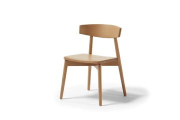 A light brown wooden chair with a minimalist design and curved backrest, showcasing natural wood grain against a white background.
