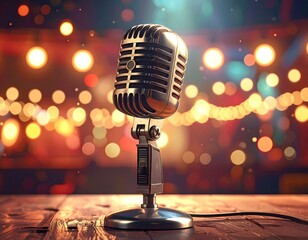 A vintage microphone stands on a wooden stage against a blurred, lit backdrop