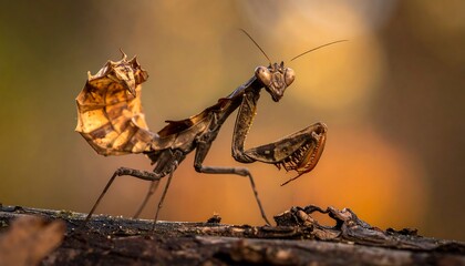 A well-camouflaged praying mantis poses on a textured branch, with wings extended