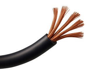 Electrical cable with black insulation covering exposed copper wires, providing power and connectivity, transparent background