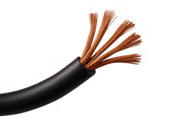 Electrical cable with black insulation covering exposed copper wires, providing power and connectivity, transparent background