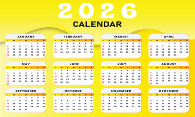 2026 calendar design with colorful background, annual planner template