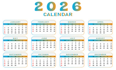 2026 calendar design with colorful background, annual planner template