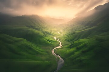 Majestic aerial drone view of a winding river flowing through lush green valleys under a dramatic sunlit sky with ethereal clouds creating a breathtaking natural landscape