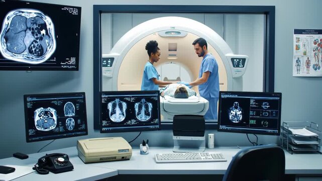 Medical Team Caring for Patient in CT Scan Room with Blue Accents