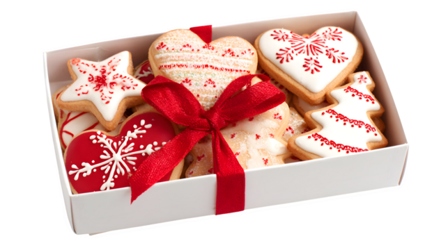Christmas cookies in a gift box, isolated on transparent background