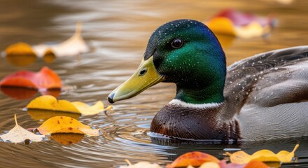 Mallard duck in water with floating autumn leaves, head facing viewer