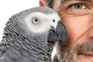 Fototapeta premium Parrot sits on man's shoulder indoors, creating a playful moment Generative AI