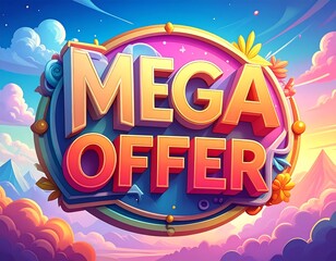 Cartoonish "MEGA OFFER" banner with vibrant colors against a dreamy sky