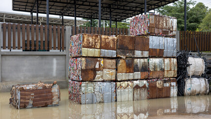 Scrap aluminum cans are compressed into blocks and stacked.