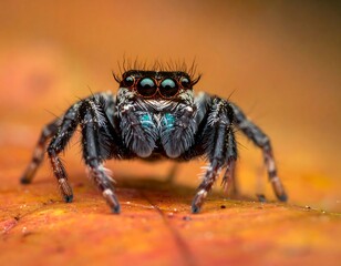 Close-up macro of a jumping spider on a blurred orange leaf