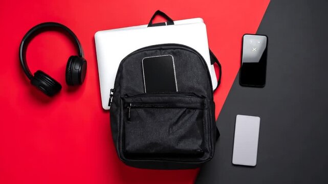 Backpack with laptop with phone, and and headphones.
