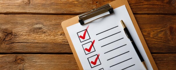 Clipboard with rules checklist and red checkmarks concept. Checklist on a wooden table for organized task management.
