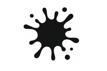 Black ink splat, paint spill or blot forming an abstract shape, isolated vector design element on transparent background