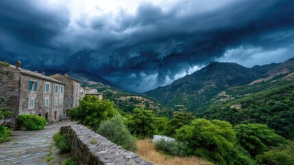 Dangerous tornado spinning across skies concept. Dramatic mountains under stormy skies with vibrant greenery.