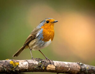 Close-up of a vibrant European robin perched on a weathered branch