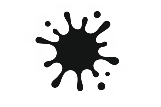 Black ink splat, paint spill or blot forming an abstract shape, isolated vector design element on transparent background