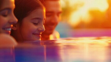Family enjoying a sunset swim in a swimming pool