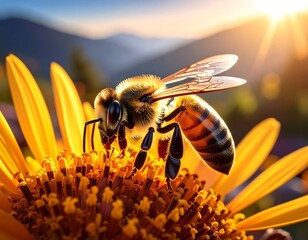 Close-up of bee pollinating a yellow flower under a bright sunrise