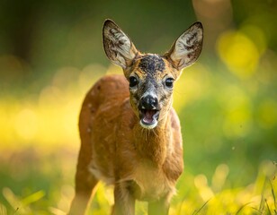 Close-up of a young deer, mouth open, standing in sunlight