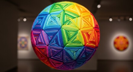 Fototapeta premium Rainbow yarn sphere in a museum setting, with blurred art in background