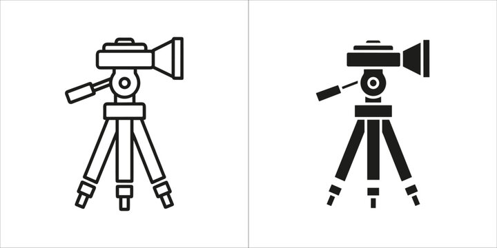 Line art and solid black silhouette of a camera tripod