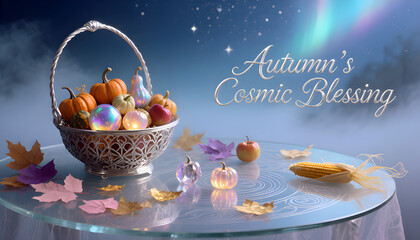 Elegant Autumn Harvest Arrangement with Pumpkins Apples and Illuminated Orbs Under a Starry Cosmic Sky