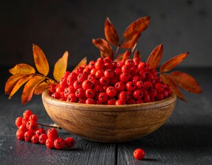 Close-up of vibrant red berries piled in a wooden bowl with fall leaves