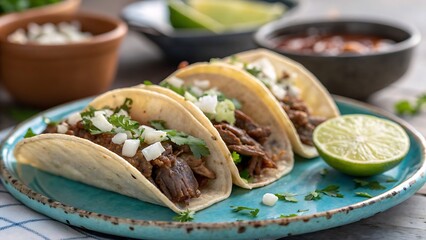 Authentic mexican street tacos with tender beef, fresh cilantro, and diced onions, served on a vibrant blue plate with lime wedges and flavorful salsas