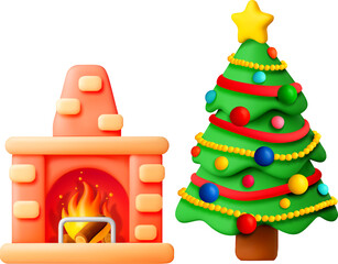 3D fireplace with burning fire and Christmas tree
