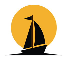 Sailing boat or yacht silhouette logo with large yellow sun background for travel, marine, and leisure company branding