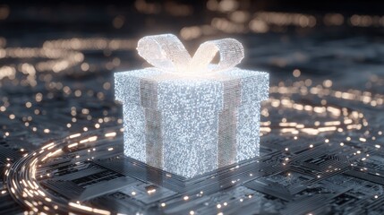 Digital gift box rendered in light, floating above a circuit board-like background