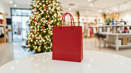 Red shopping bag on a table in a festive retail environment with a decorated Christmas tree and warm lights creating a cheerful atmosphere