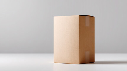 Brown cardboard box with adhesive tape on a clean surface, showcasing minimalistic design and ample copy space for branding or labeling