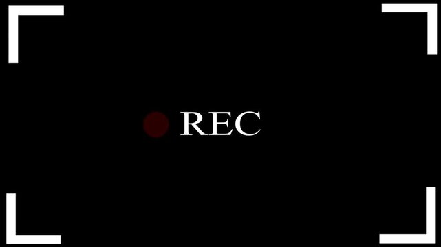 Video camera recorder screen overlay, Video button icon animated on a black background, Recording camera screen interface.