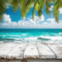 Tropical Beach View Palm Leaves White Wooden Table Summer Vacation Background