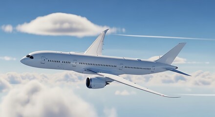 Boeing 787 Dreamliner soars through the sky above the clouds.