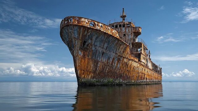 A rusty derelict ship sits in calm water under a blue sky with scattered clouds
