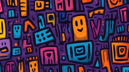 Colorful abstract pattern filled with playful shapes and cheerful faces