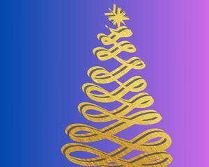 An abstract Christmas tree made of glittering gold ribbon with texture. The tree has a unique spiral shape and is decorated with a star at the top. The background is a graphic.1