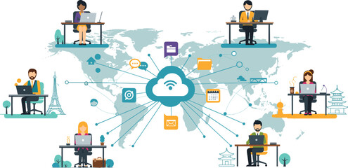 Global cloud collaboration illustration with remote workers, laptops, cultural landmarks, cloud computing icons, digital tools, and worldwide connectivity concept