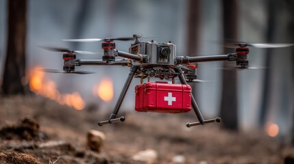 Drone flying amidst a wildfire, carrying a medical kit. Flames and smoke obscure the background