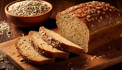 closeup of a rustic, seeded loaf of whole grain bread, sliced and arranged on a wooden cutting  board