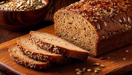 closeup of a rustic, seeded loaf of whole grain bread, sliced and arranged on a wooden cutting  board