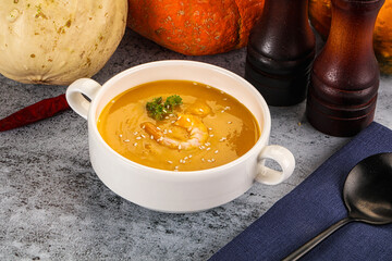 Pumpkin cream soup with prawns