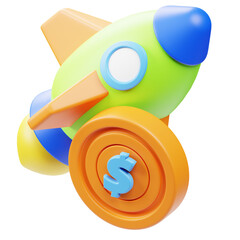3D Rendered Cartoon Rocket Coin Financial Investment Growth Concept